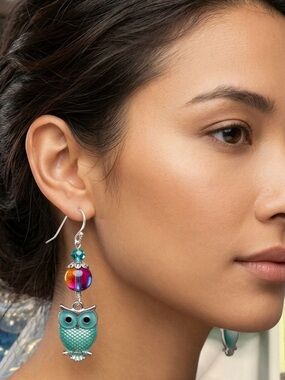 Artisan Teal Owl Hand wrapped Wire Earrings Rainbow Glass Bead